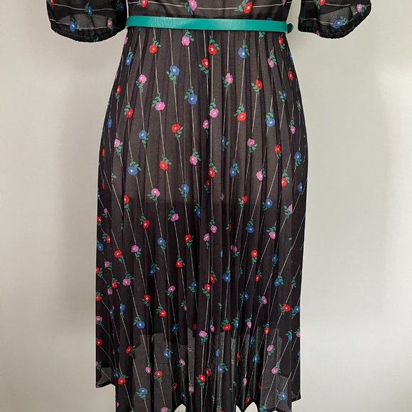 Authentic Vintage Black Floral Mid-Sleeve Pleated Dress - Picture 7 of 7
